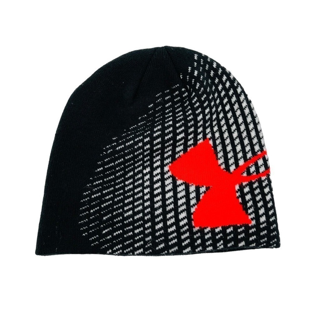 Under‎ Armour Beanie Kids One Size Black Red Reversible Knit Hat Logo Gorpcore